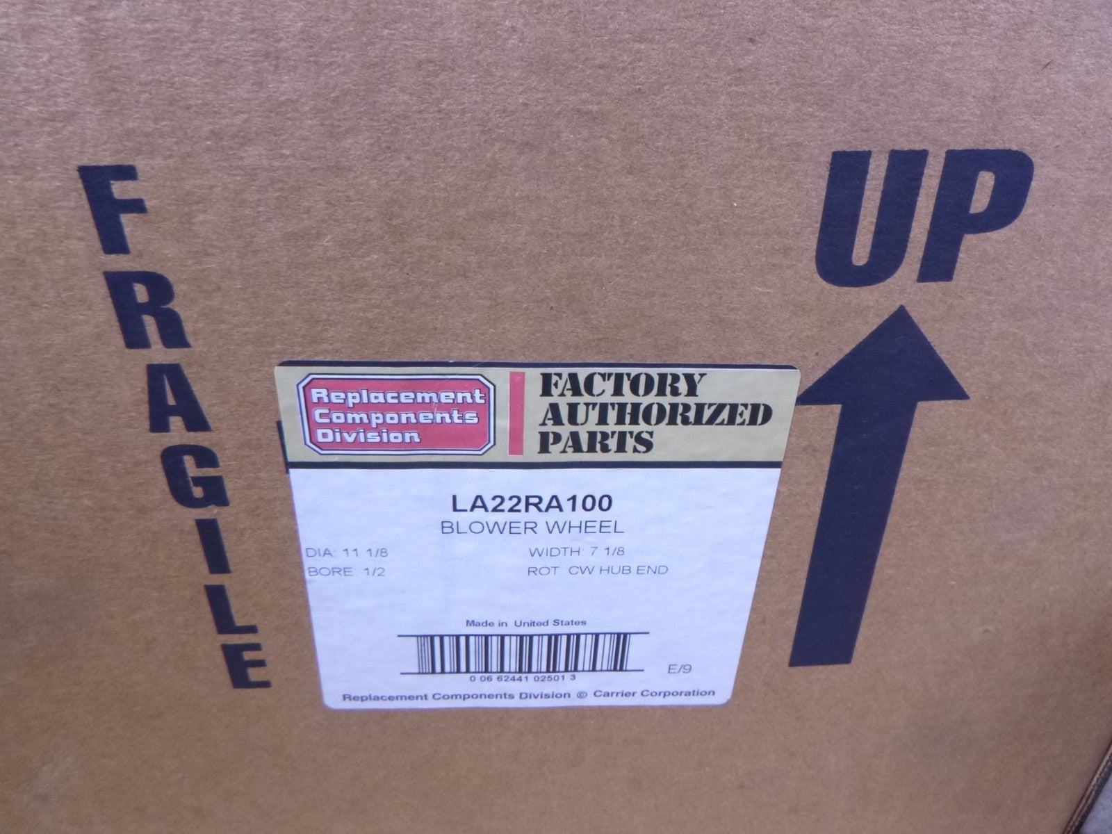 Carrier OEM LA22RA100 Blower Wheel, 11 1/8" x 7 1/8", 1/2" Bore Genuine