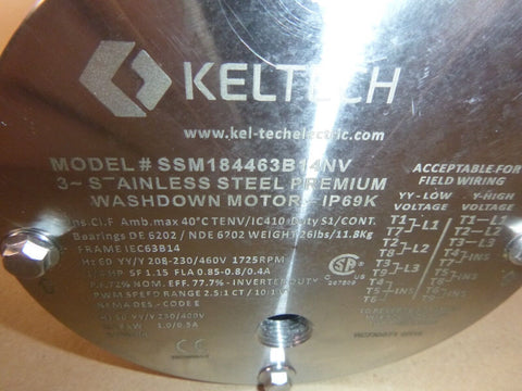 Keltech SSM184463B14NV SS Washdown Motor 63B14 IEC Frame 1/4 Hp. 1725 Rpm IP69K