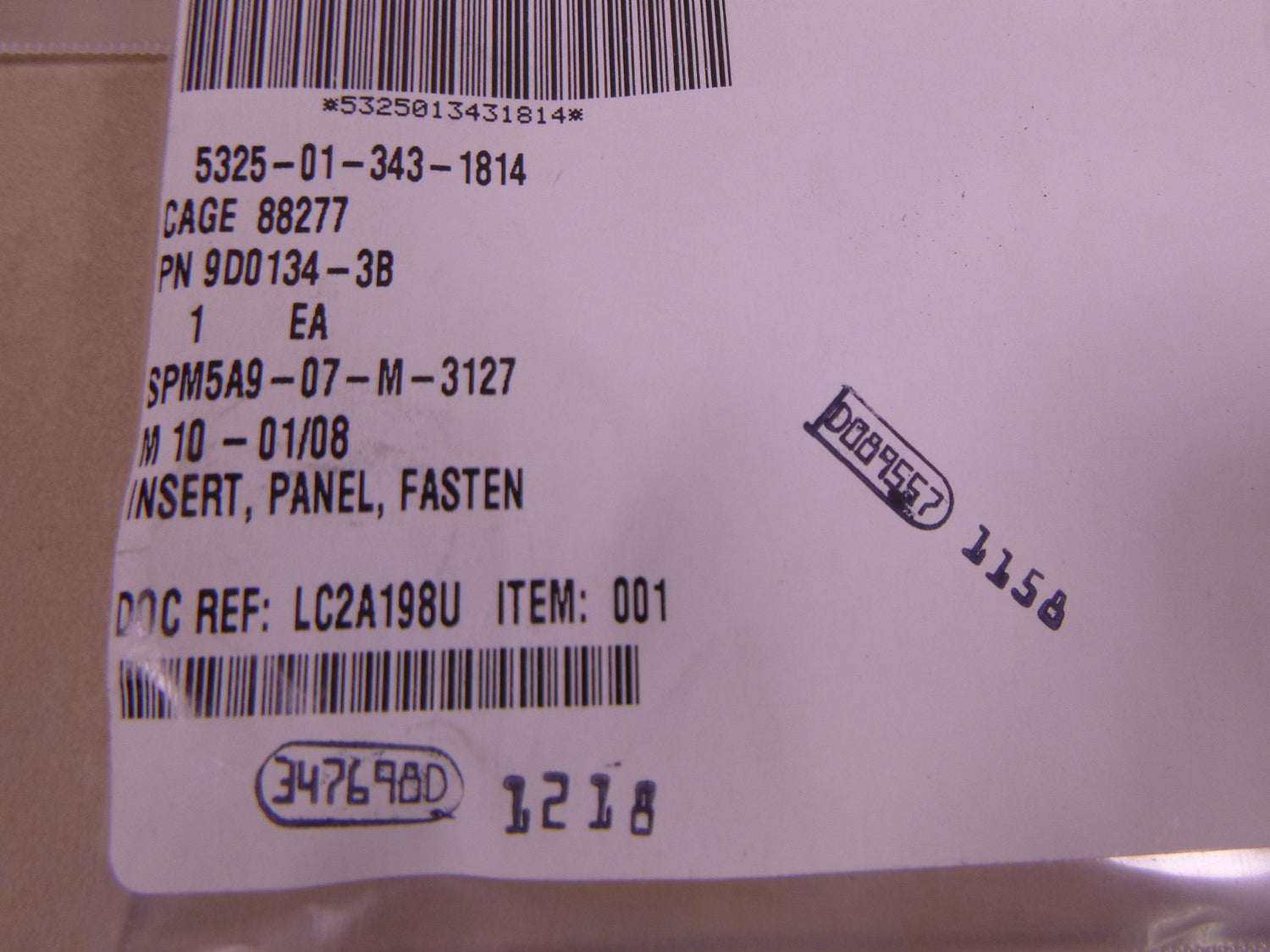 9D0134-3B Fastener Panel Insert , 5325-01-343-1814  (Lot Of 10)