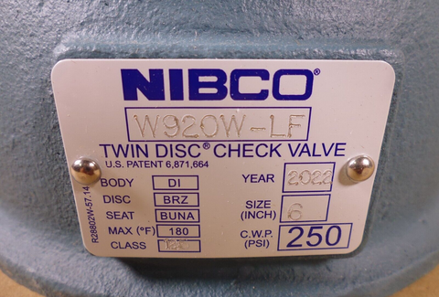 NIBCO 6" W920W-LF Twin Disc Wafer Ductile Iron Bronze Check Valve