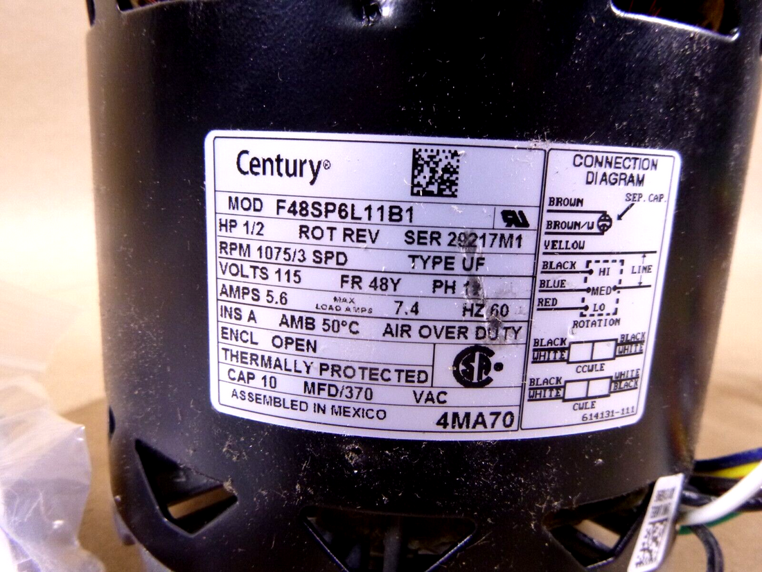 CENTURY 4MA70 Blower Motor 3 Speed, Open Air-Over, Ring Mount, 1/2 HP, 1075 RPM | Industrial Electric Motors, Pumps &amp; Parts