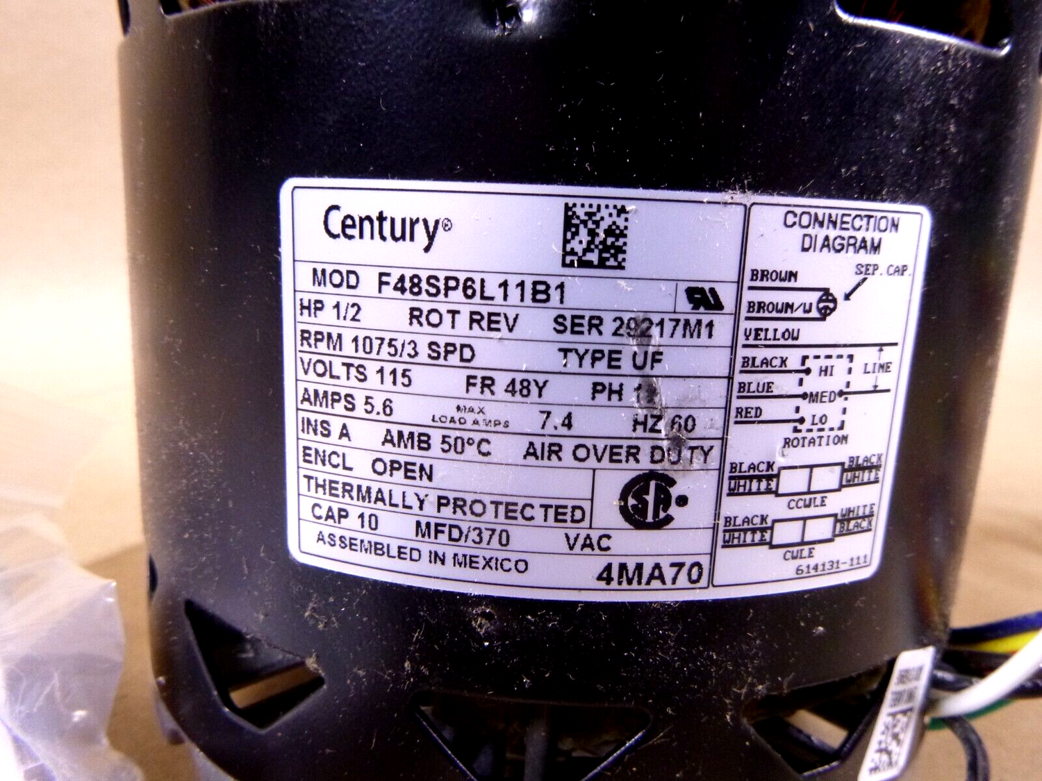 CENTURY 4MA70 Blower Motor 3 Speed, Open Air-Over, Ring Mount, 1/2 HP, 1075 RPM | Industrial Electric Motors, Pumps &amp; Parts