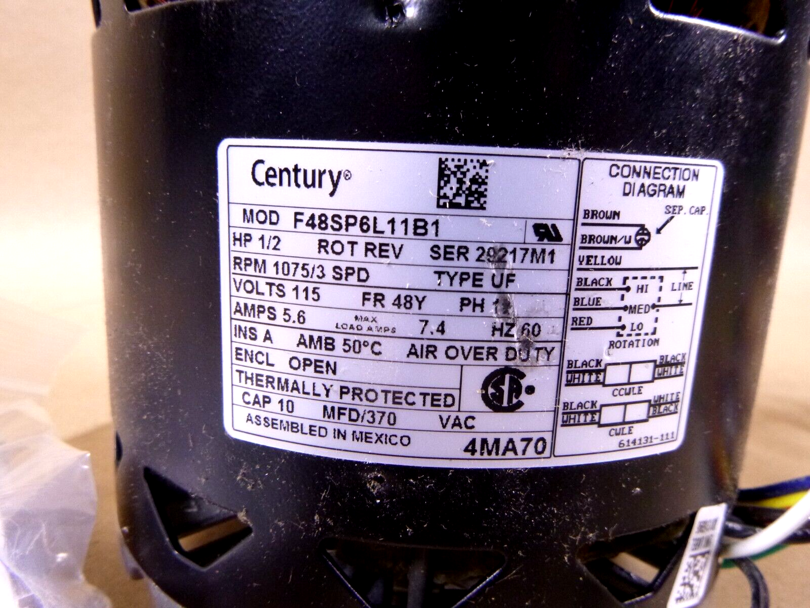 CENTURY 4MA70 Blower Motor 3 Speed, Open Air-Over, Ring Mount, 1/2 HP, 1075 RPM | Industrial Electric Motors, Pumps &amp; Parts