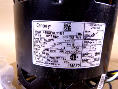 CENTURY 4MA70 Blower Motor 3 Speed, Open Air-Over, Ring Mount, 1/2 HP, 1075 RPM | Industrial Electric Motors, Pumps &amp; Parts
