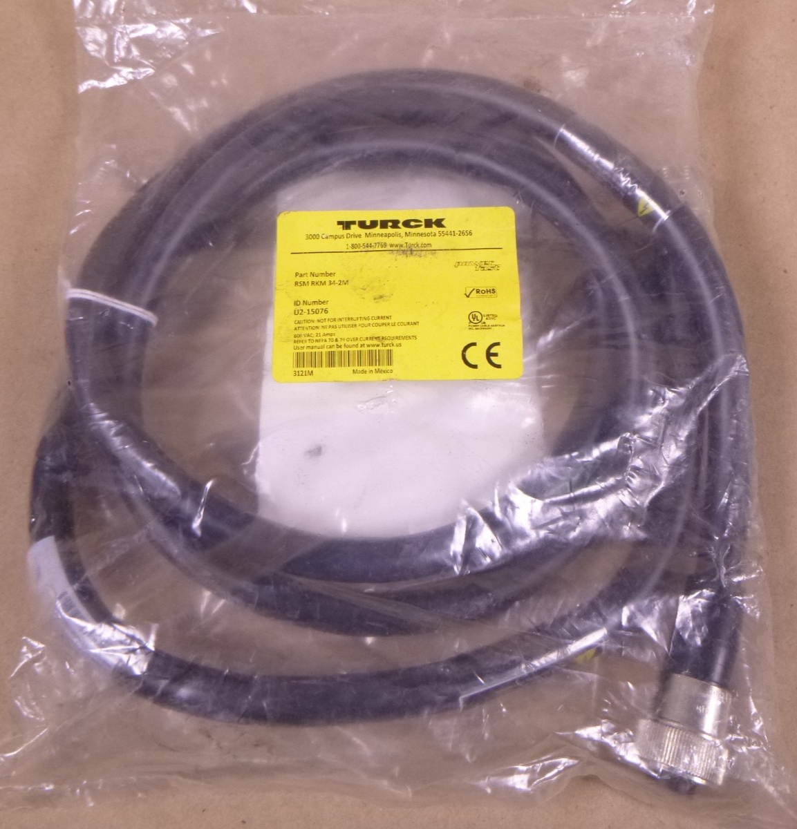 TURCK RSM RKM 34-2M Cordset 3-Pin M To F , 600V 21A , U2-15076 , 2M | Electrical MRO Replacement Parts &amp; Components and Commercial Electrical Supplies Company