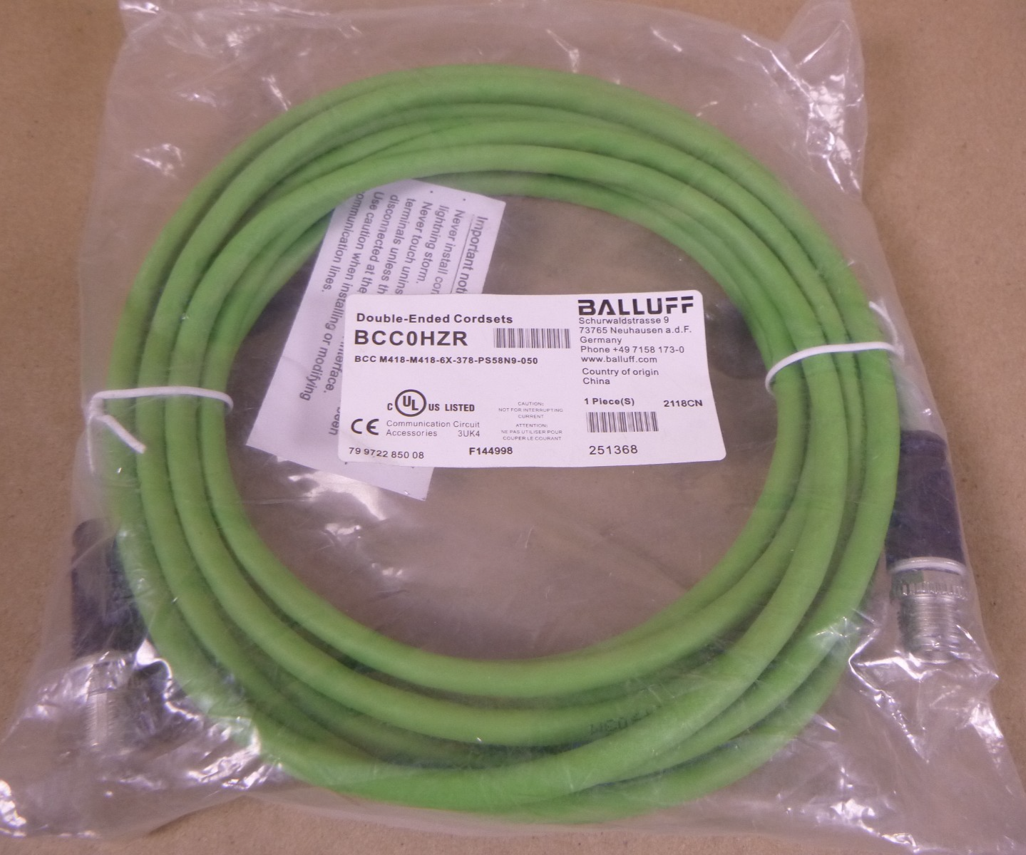 BCC0HZR Balluff Ethernet Double Ended Corset M12 BCC M418-M418-6X-378-PS58N9-050 | Electrical MRO Replacement Parts &amp; Components and Commercial Electrical Supplies Company