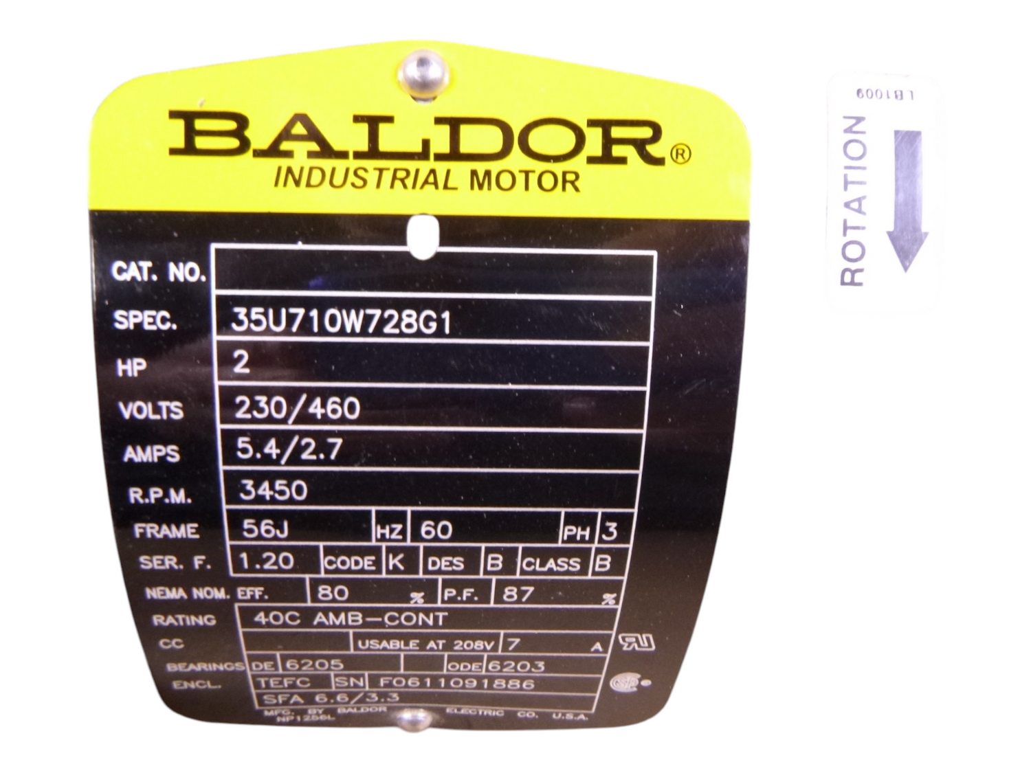 Baldor 2HP Equivalent JM3555, Jet Pump Motor 230/460 , 3450 RPM , 3 Phase , 56J