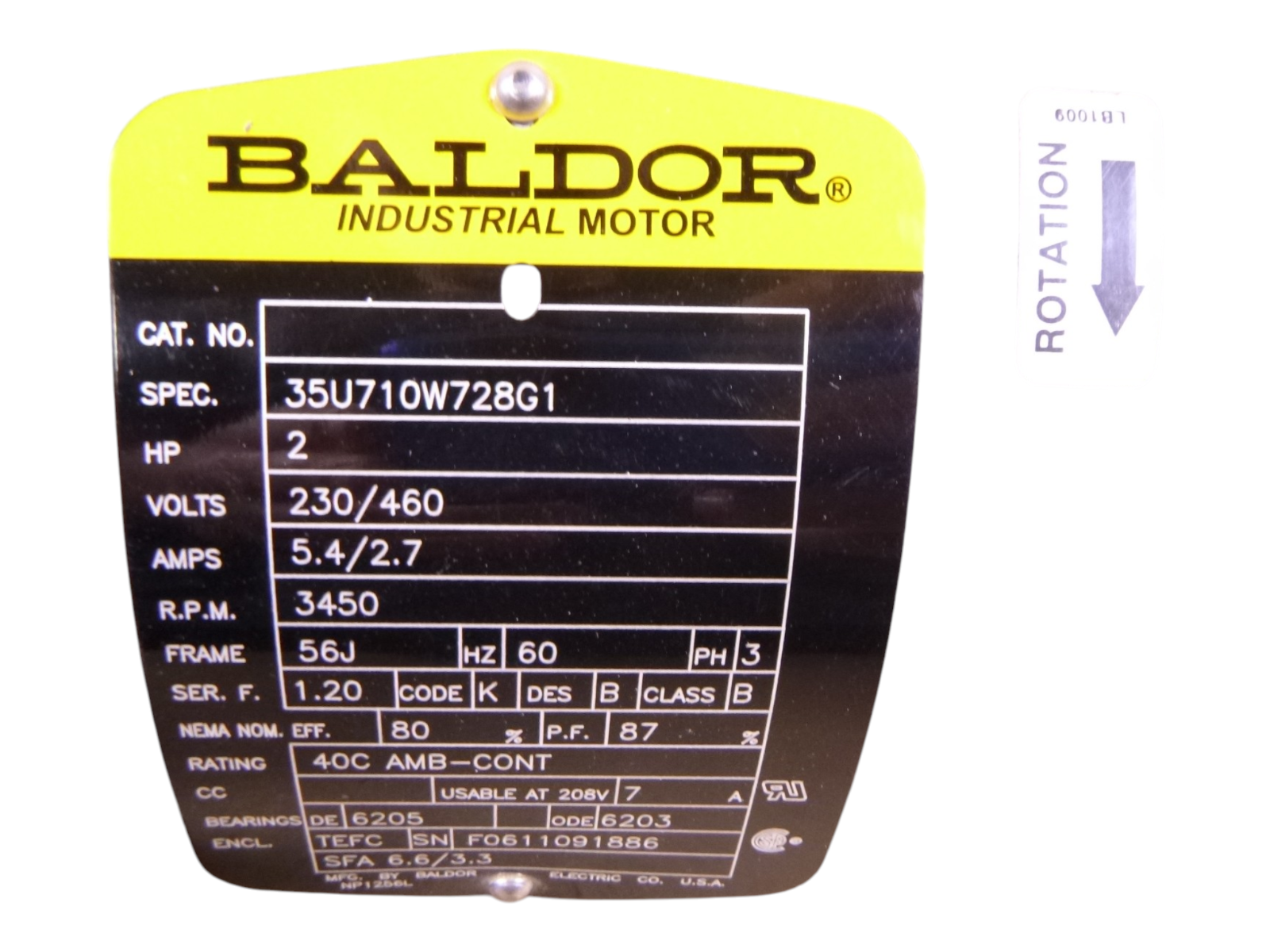 Baldor 2HP Equivalent JM3555, Jet Pump Motor 230/460 , 3450 RPM , 3 Phase , 56J