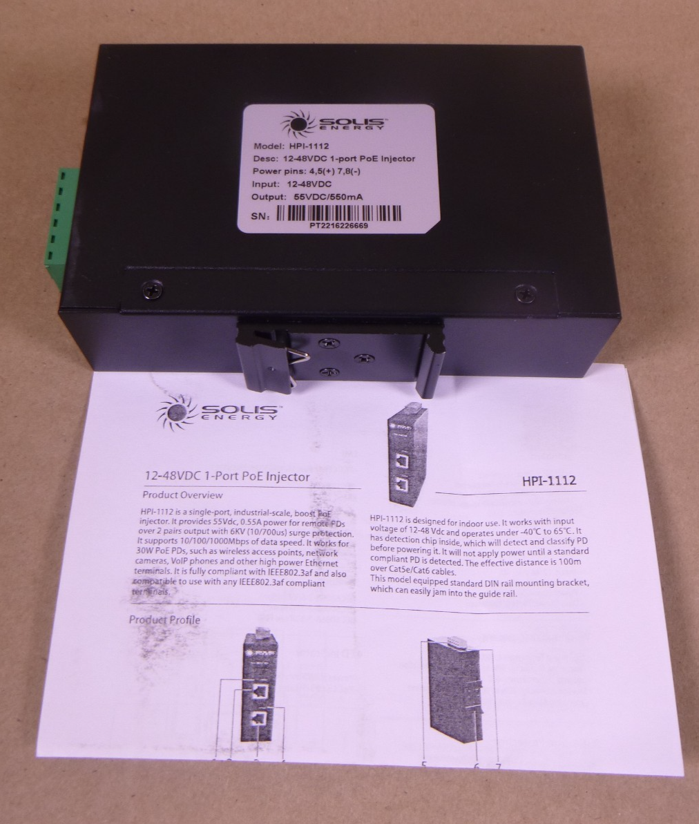 Solis Energy HPI-1112 12-48VDC 1-port PoE Injector | Electrical MRO Replacement Parts &amp; Components and Commercial Electrical Supplies Company