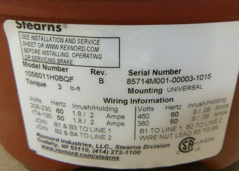 STEARNS 1056011H0BQF 56,000 SERIES BRAKE 3FT-LB 208-230/460V 50/60HZ