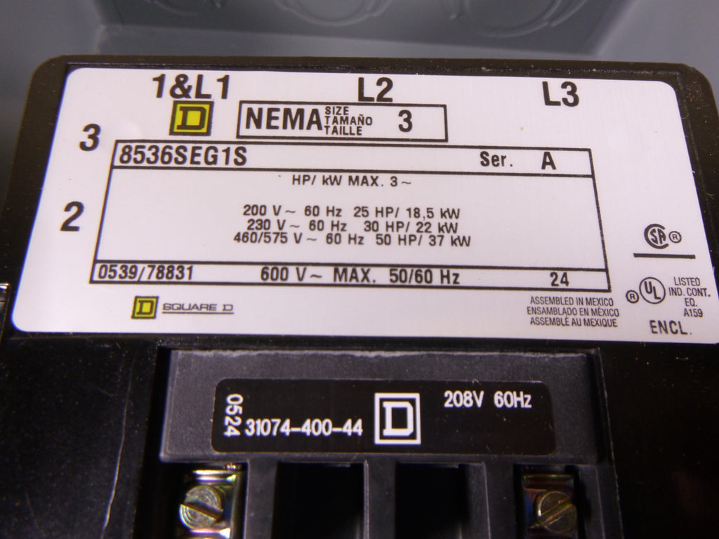 Square D 8536SEG1S Nema Size 3 50HP 600V 120V Coil Motor Starter Enclosure