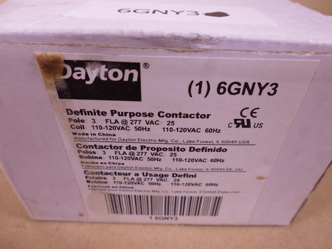 DAYTON 6GNY3 Definite Purpose Contactor , 3-Pole FLA @ 277VAC: 25 , 110-120VAC