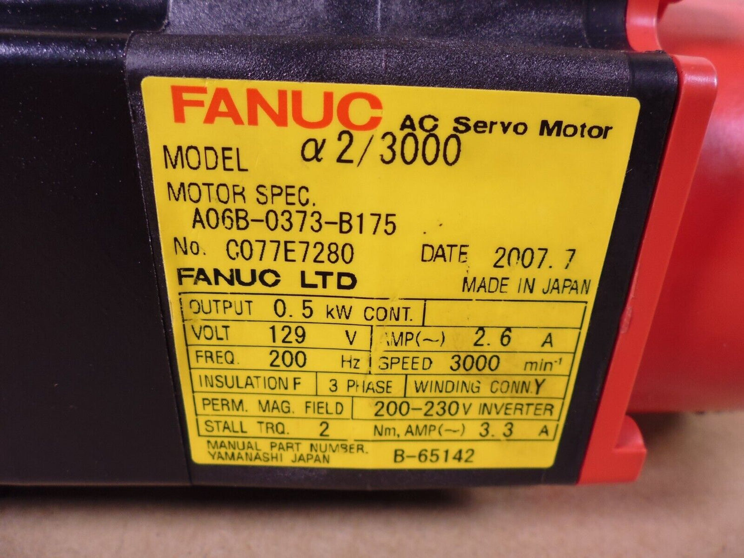 Fanuc A06B-0373-B175 AC Servo Motor , 0.5kW, 129V, 3000min, 200Hz, 200-230V | Industrial Electric Motors, Pumps &amp; Parts