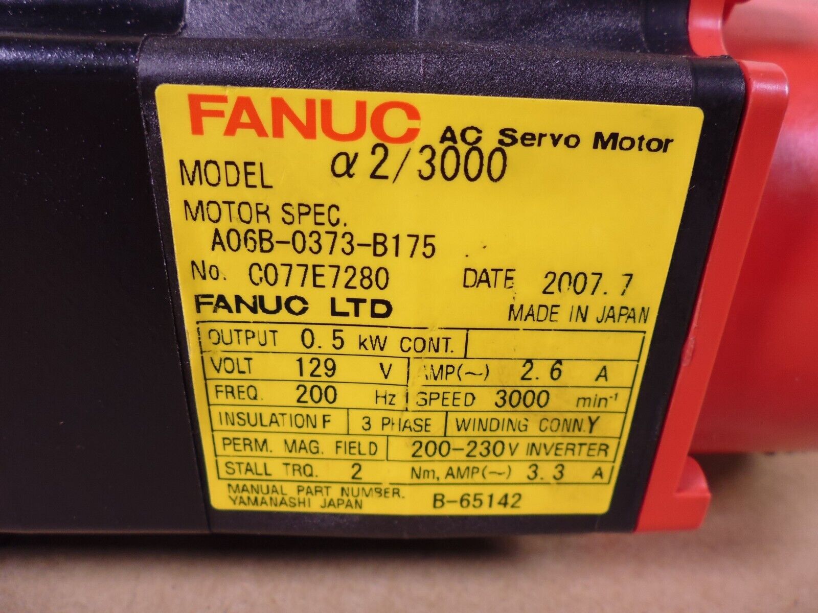 Fanuc A06B-0373-B175 AC Servo Motor , 0.5kW, 129V, 3000min, 200Hz, 200-230V | Industrial Electric Motors, Pumps &amp; Parts