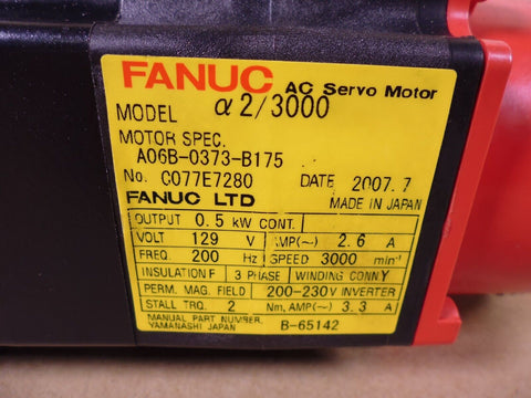 Fanuc A06B-0373-B175 AC Servo Motor , 0.5kW, 129V, 3000min, 200Hz, 200-230V