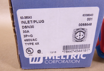 Meltric 63-38043 Inlet Connector, 30A, 480VAC, 15 HP, 3 Pole, No Aux, Blue, IP69 | Electrical MRO Replacement Parts &amp; Components and Commercial Electrical Supplies Company