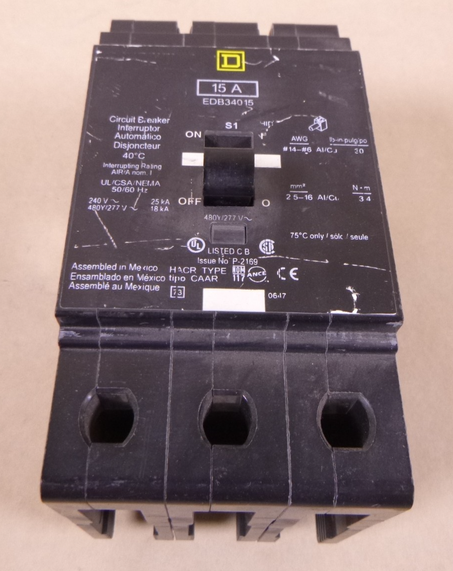 USED Square D EDB34015 Bolt-on Circuit Breaker 3P 15A 240/480Y/277V | Electrical MRO Replacement Parts &amp; Components and Commercial Electrical Supplies Company