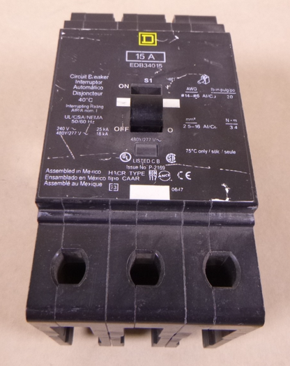 USED Square D EDB34015 Bolt-on Circuit Breaker 3P 15A 240/480Y/277V | Electrical MRO Replacement Parts &amp; Components and Commercial Electrical Supplies Company