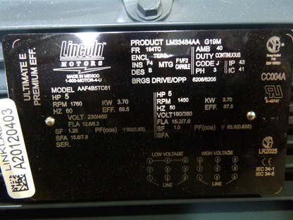 5 HP, 1800 RPM, 230/460 Volts, 3 PH, TEFC, 184TC, FOOTED, Lincoln, LM33484 | Industrial Electric Motors, Pumps &amp; Parts
