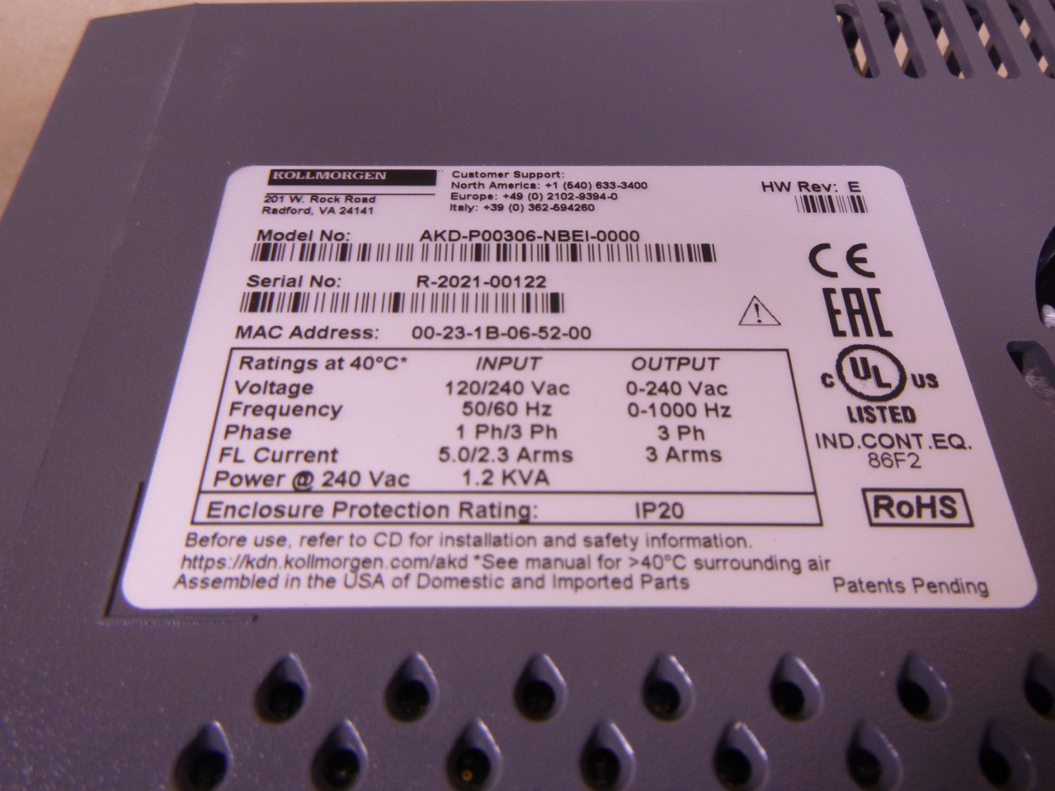 AKD-P00306-NBEI-0000 Kollmorgen Servo Drive, 120/240VAC, 1PH/3PH , 1.2KVA, Rev E | Electrical MRO Replacement Parts &amp; Components and Commercial Electrical Supplies Company