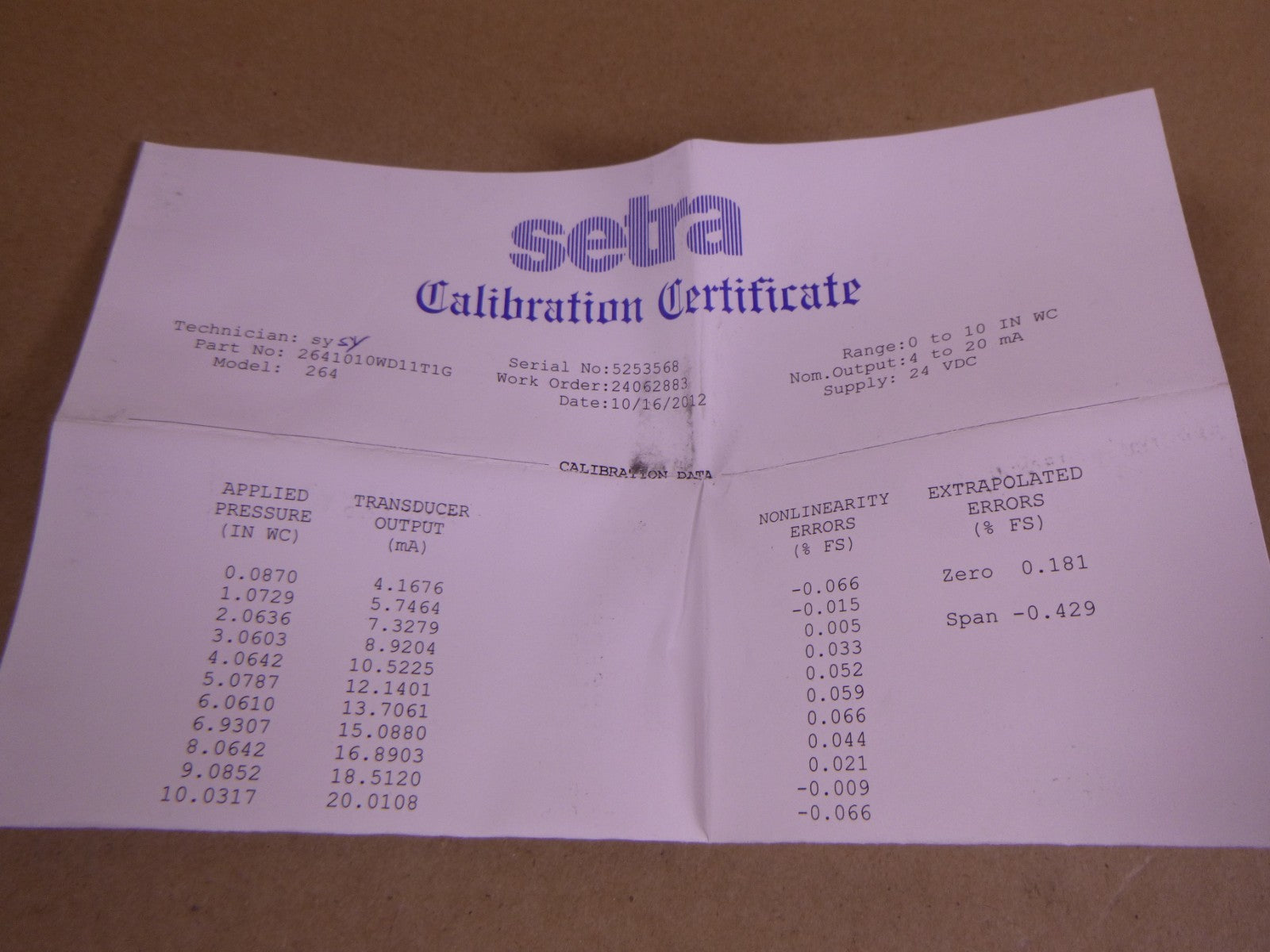 2641010WD11T1G Setra Model 264 Transducer, 0-10.0" WC, 24VDC, 4-20mA | Electrical MRO Replacement Parts &amp; Components and Commercial Electrical Supplies Company