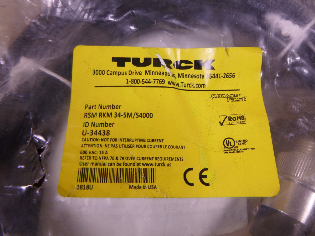 TURCK RSM RKM 34-5M/S4000 Cordset 3-Pin M To F , 600V 15A , U-34438 , 5M | Electrical MRO Replacement Parts &amp; Components and Commercial Electrical Supplies Company