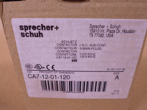 SPRECHER & SCHUH CA7-12-01-120 Contactor 1N.C. Aux 3P 120V 12A Ser. A