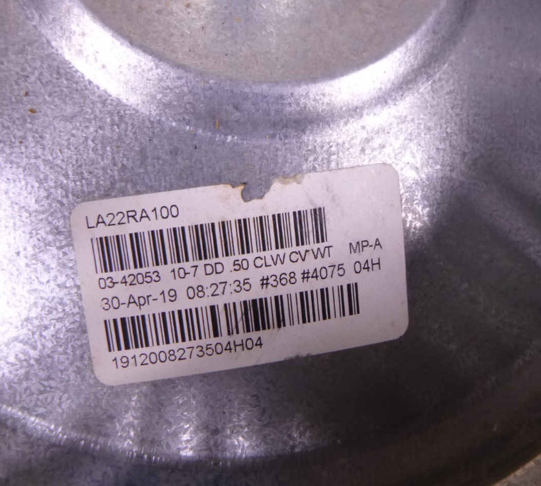 Carrier OEM LA22RA100 Blower Wheel, 11 1/8" x 7 1/8", 1/2" Bore Genuine