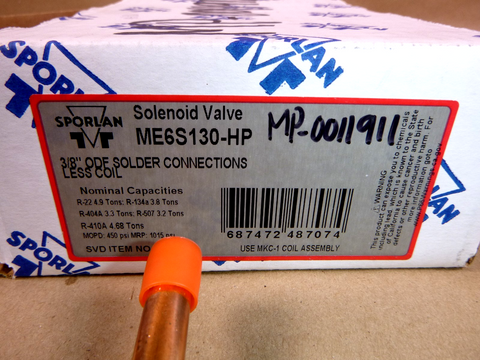 ME6S130HP Sporlan Solenoid Valve 3/8" ODF R410A, R22, R134A, R404A, R507 Service