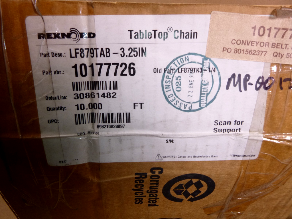 LF879TAB-3.25 Rexnord Table Top Chain (10 Ft.) 10177726, LF879TAB-3-1/4 | Industrial MRO Replacement Parts, Manufacturing Machine Parts & Components, Heavy Equipment Parts Supplier