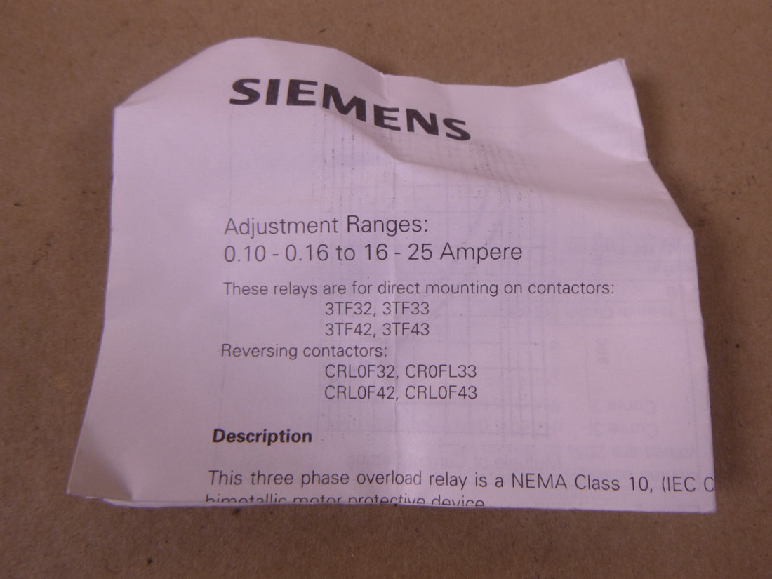 Siemens 3UA52 00-1K Overload Relay 8-12,5A 600VAC | Electrical MRO Replacement Parts &amp; Components and Commercial Electrical Supplies Company