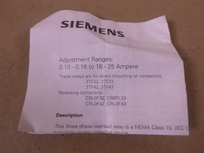 Siemens 3UA52 00-1K Overload Relay 8-12,5A 600VAC | Electrical MRO Replacement Parts &amp; Components and Commercial Electrical Supplies Company
