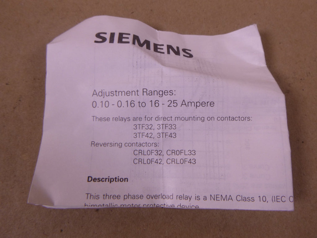 Siemens 3UA52 00-1K Overload Relay 8-12,5A 600VAC | Electrical MRO Replacement Parts & Components and Commercial Electrical Supplies Company