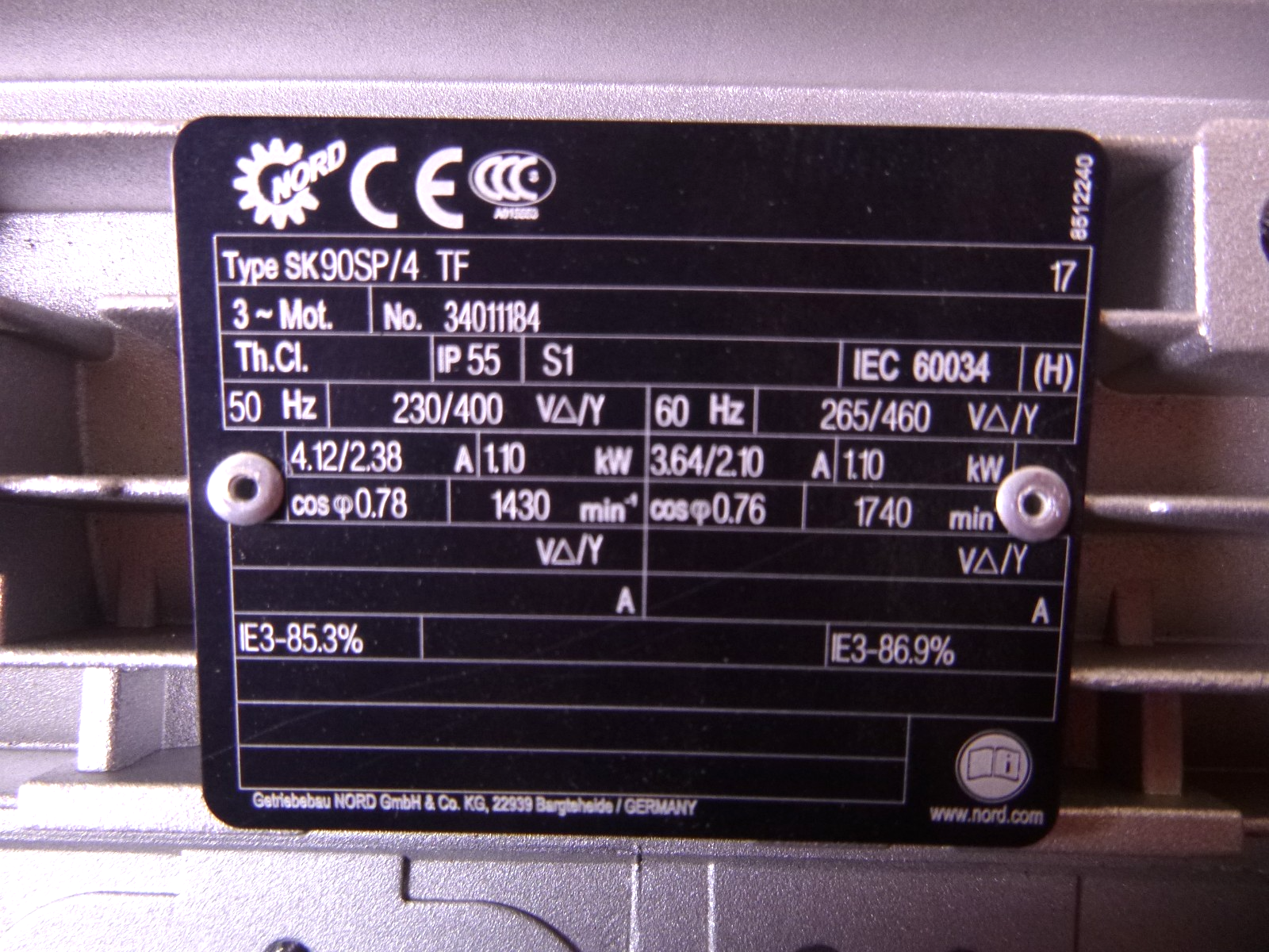 Nord SK172.1-90SP/4, Parellel Shaft Gearmotor, 1.5 HP, 3 Phase, 417 Rpm | Industrial Electric Motors, Pumps &amp; Parts