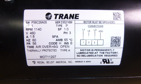 Genuine OEM Trane MOT11207 1HP 460V 1140RPM 56 FR 1 PH Condenser Motor P56C26A05