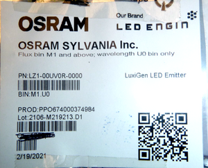 LZ1-00UV0R-0000 Ultraviolet Emitter 365nm 3.8V 1A 1100mW/sr @ 700mA 64° Die | Electrical MRO Replacement Parts & Components and Commercial Electrical Supplies Company