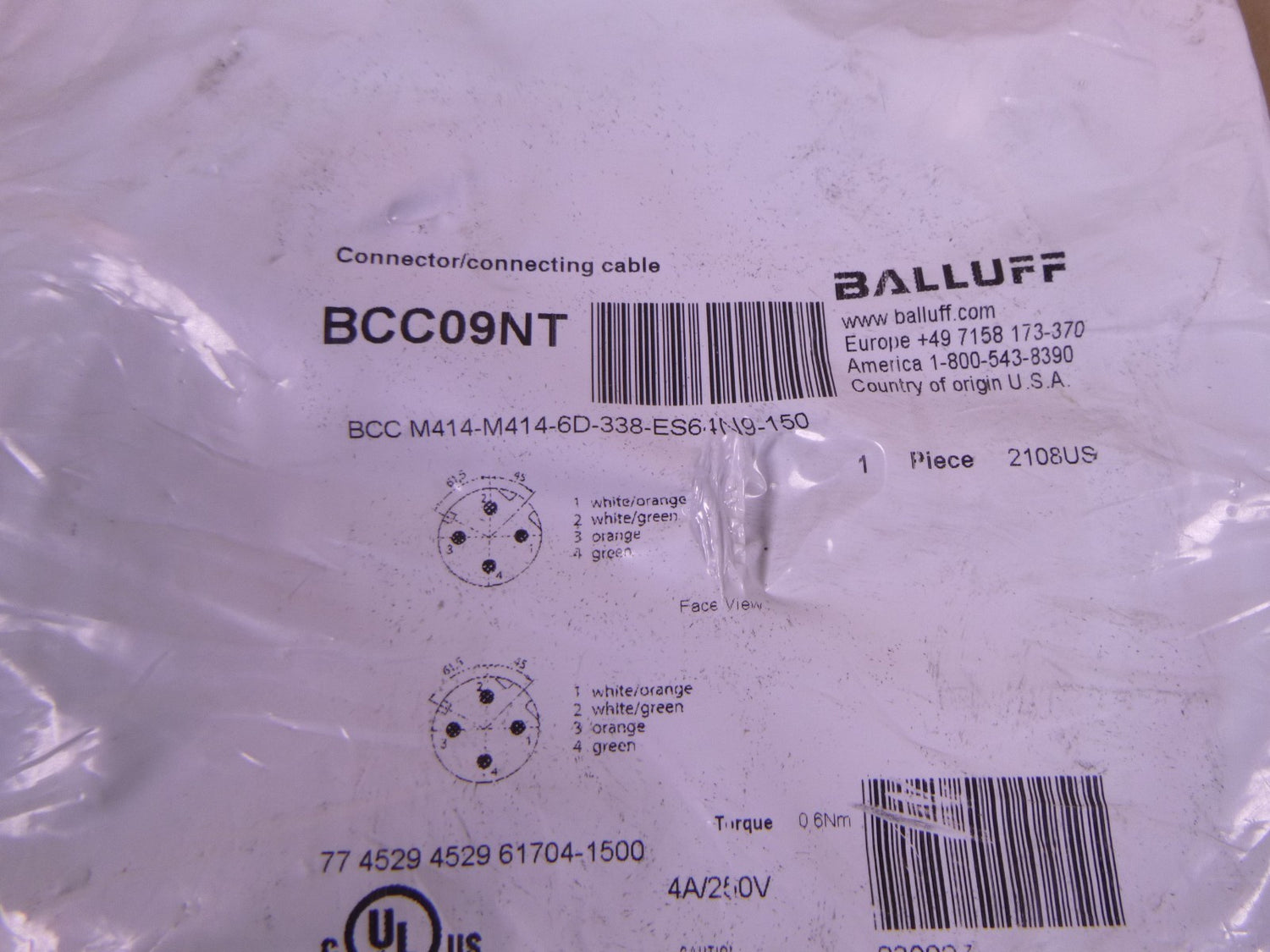 BALLUFF BCC09NT ETHERNET CABLE 4-PIN BCC M414-M414-6D-338-ES64N9-150 | Electrical MRO Replacement Parts &amp; Components and Commercial Electrical Supplies Company