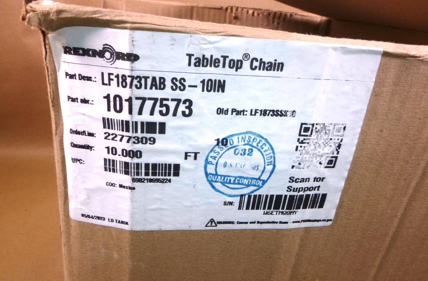 LF1873TAB SS-10IN Rexnord 10" Wide Side Flexing Table Top Chain 10177573 (10&