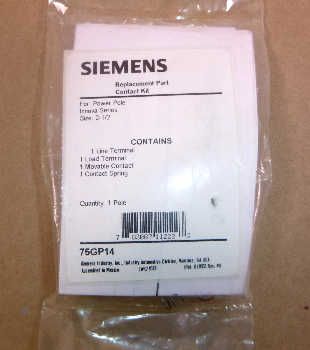 Siemens 75GP14 CONTACT KIT 1 Pole Size 2 1/2 | Electrical MRO Replacement Parts &amp; Components and Commercial Electrical Supplies Company