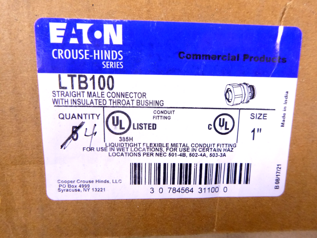 4x Eaton LTB100 1" Insulated Straight Liquidtight Conduit Connector MI | Industrial Replacement Nuts & Bolts Distributor and Machinery Screws & Fasteners Supply