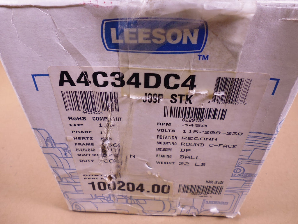 LEESON 100204.00 A4C34DC4 115/208-230V 1/2HP 3450 RPM Electric Motor S56C | Industrial Electric Motors, Pumps & Parts