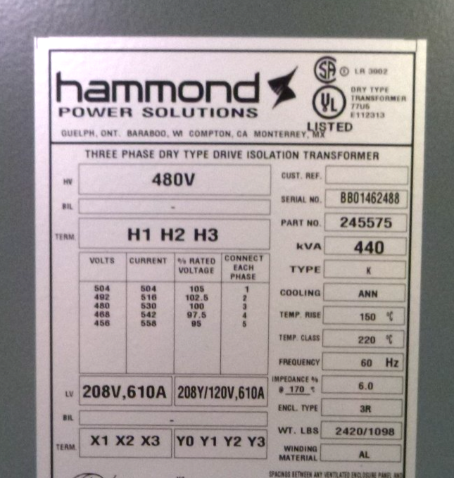 New Hammond Transformer 440 KVA 480 Volt Primary 208Y/120V Secondary Type K 3R | Electrical MRO Replacement Parts &amp; Components and Commercial Electrical Supplies Company