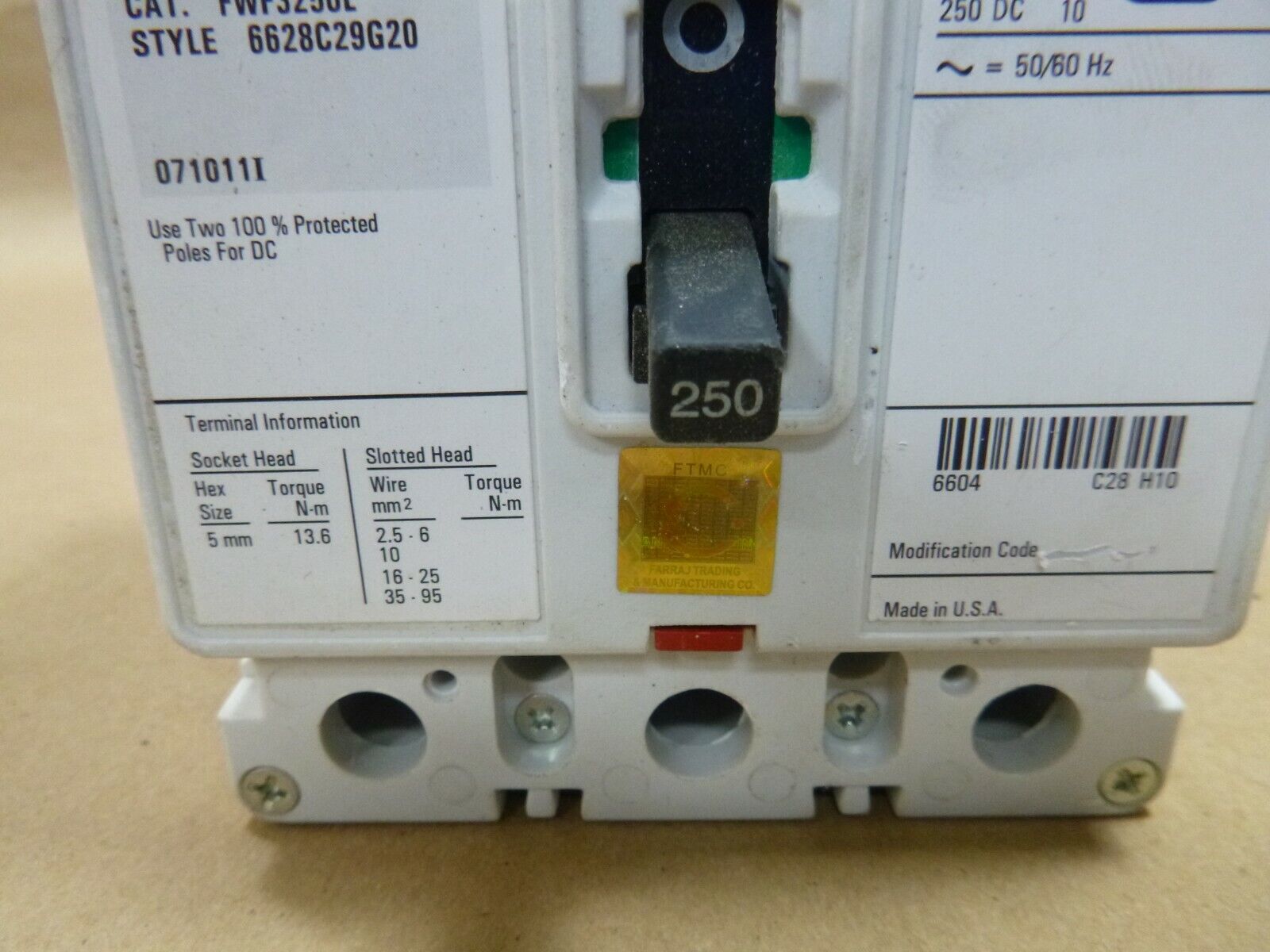 Cutler Hammer 250 Amp 3 Pole 690 Volt Molded Case Circuit Breaker FWF3250L - USA | Electrical MRO Replacement Parts &amp; Components and Commercial Electrical Supplies Company