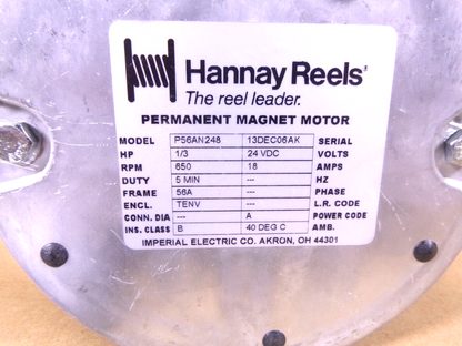 Hannay Reels P56AN24 Power Rewind Reels 24Vdc Electric Motor 1/3Hp 650Rpm 16Amp | Industrial Electric Motors, Pumps &amp; Parts