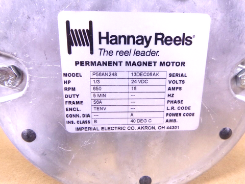 Hannay Reels P56AN24 Power Rewind Reels 24Vdc Electric Motor 1/3Hp  650Rpm 16Amp