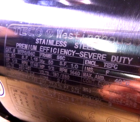 1/2 Hp 1800 Rpm 56C Frame Footed 3 Ph Stainless Steel Washdown Electric Motor | Industrial Electric Motors, Pumps & Parts