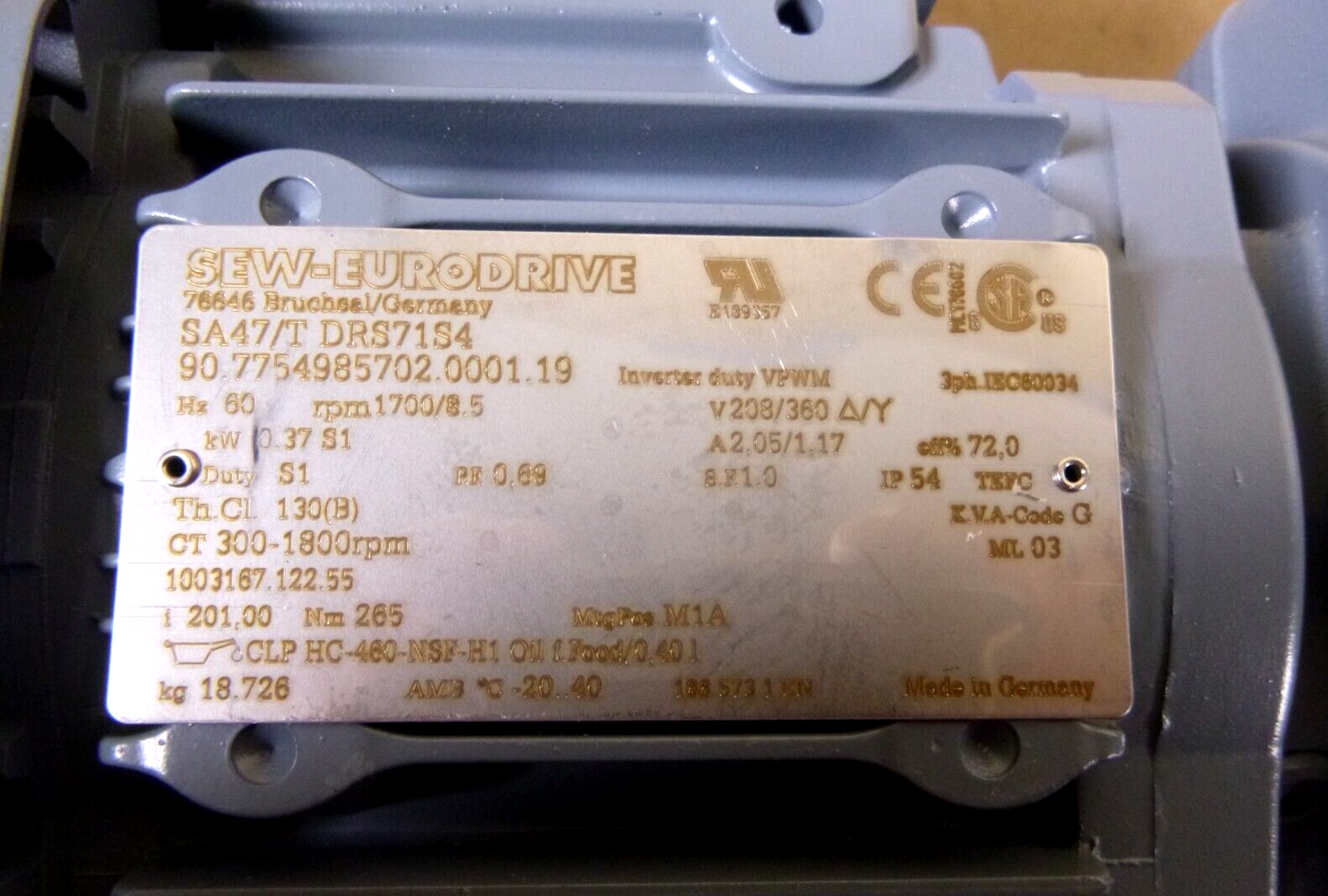SEW-EURODRIVE SA47/T DRS71S4 Hollow Shaft Gear Motor 1/2 Hp .37 Kw 60 Hz. 3 Ph. | Industrial Electric Motors, Pumps &amp; Parts