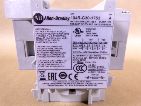 New Allen Bradley 194R-C30-1753 Series A Disconnect Switch W/ 194R-S1 Opr Shaft