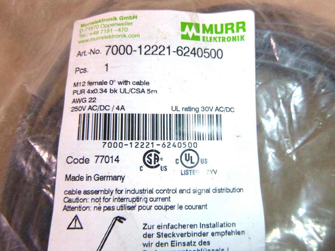 MURR 7000-12221-6240500 M12 Female With Cable, Pur 4X0.34 Bk Ul/Csa 5 Meter Long | Electrical MRO Replacement Parts &amp; Components and Commercial Electrical Supplies Company