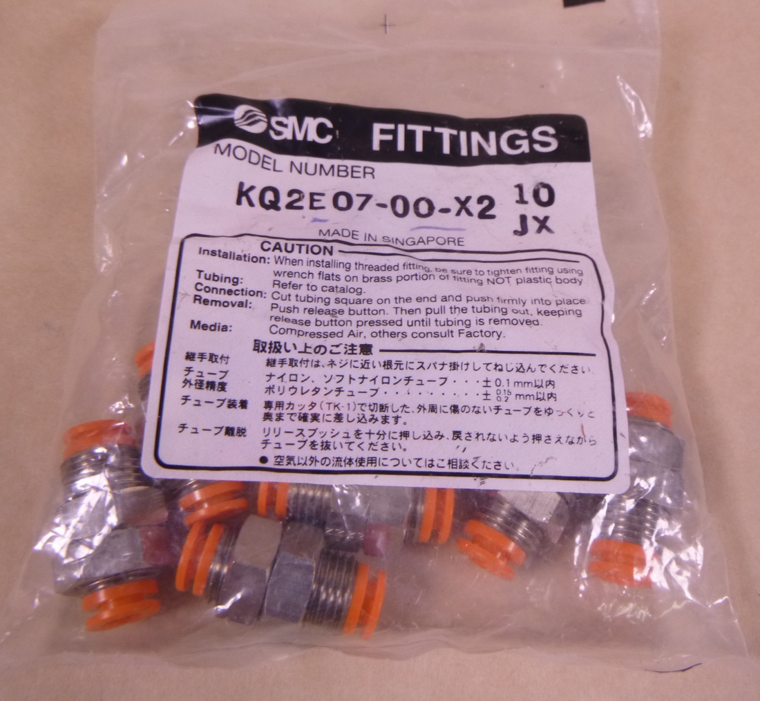 (10 Pack) SMC KQ2E07-00-X2 Push Tube End Fitting, Bulkhead Union, KQ2, 1/4"